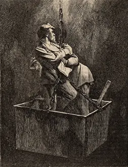Coalfield: Explorers descending a mine shaft after an accident 1871