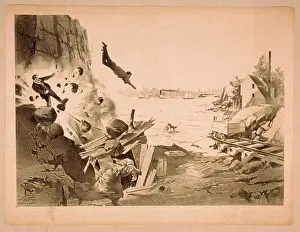 C1895: Explosion in rock formation with people running, man diving