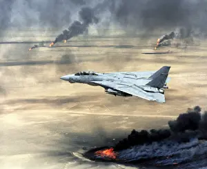 Kuwaiti: F-14 fighter in flight over burning Kuwaiti ?
