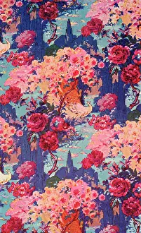 Florals: Fabric design with pink flowers and birds