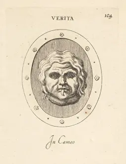 Verita: Face with peach leaf signifying Truth in its mouth