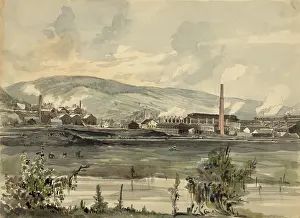 Smokestacks: Factory on a river in Pennsylvania. 1857 ?