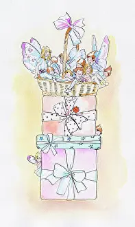 Andree: Fairies in a basket on a pile of three presents