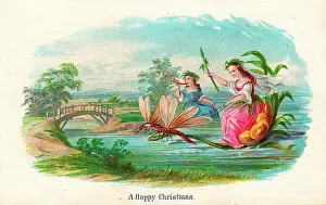 Dragonflies: Fairies boating on a river on a Christmas card