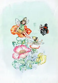 Fairies, butterfly and poppies