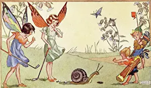Elves: Fairies playing golf with a snail in the way of the hole