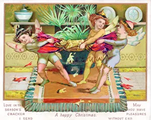 Tugging: Fairies pulling a paper cracker on a Christmas card