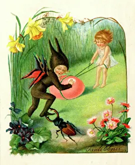 Daisies: Fairy and child with Easter egg and stag beetle
