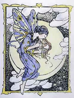 Florence Susan Harrison Collection: A fairy flies in front of the Moon
