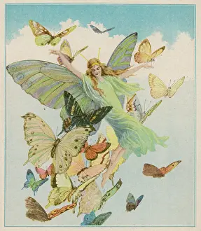Fairy Flying with Butterflies Amongst Clouds