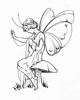 Pixies: Fairy sitting on toadstool doing sewing