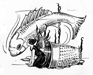 Swims: Fairy in a thimble with a fish swimming by