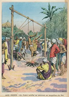 Ascetics: Fakir hanging over a fire, India