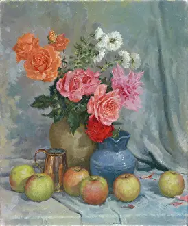 Chrysanthemums: Fallers All! ' vase of flowers with apples