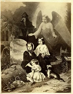 Grieving: Family grieving at a graveside, with hovering angel