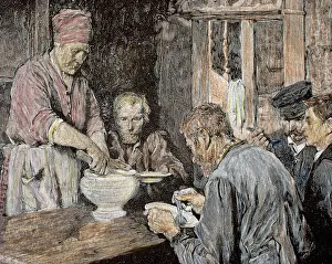 Peaked: Family having lunch. Engraving