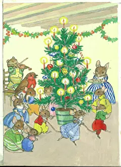 Frolicking: A family of mice playing around the christmas tree