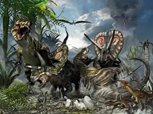 Torosaurus: A family of Torosaurus protecting their eggs from a pair of