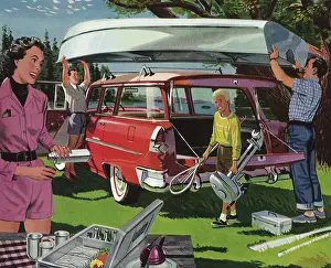 Barbecue: Family unloading Camping Material from Station Wagon