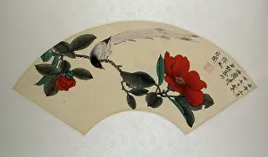 Peonies: Fan painting with bird and peony
