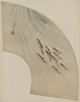 Upstream: Fan-shaped drawing of fish swimming upstream