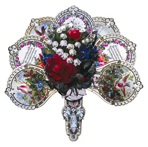 Felicitation: Fan-shaped greeting card with flowers