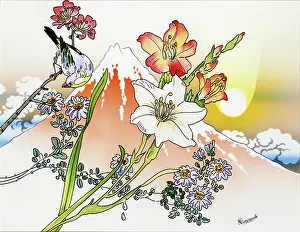 Outlining: Fantasy Japanese landscape with bird