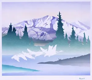 Airbrush: Fantasy Landscape - Geese flying over snowy scene