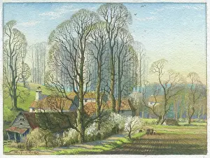 Ploughed: Farm surrounded by trees and ploughed field