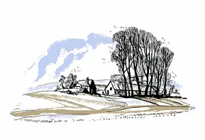 Farm, trees and blue hills