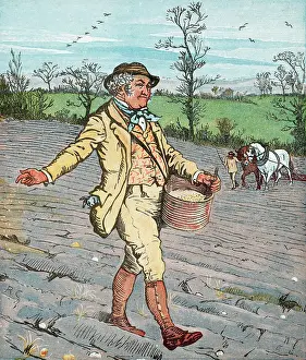 Sowing: Farmer sowing seed broadcast. Horses in right