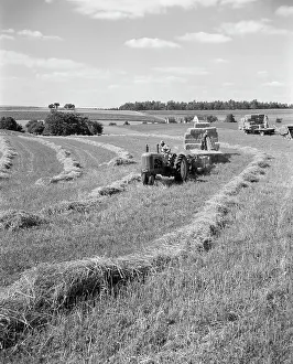 Haying: Farmer on Tractor Towing Straw, Man on Flatbed Loading Bales