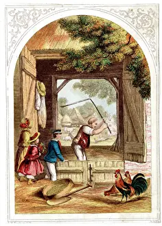 Labourer: Farmer winnowing grain while children watch