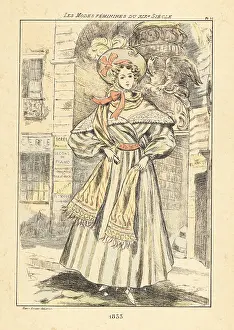 Drypoint: Fashionable lady in front of a covered passage