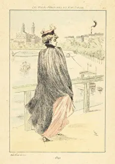 Drypoint: Fashionable lady walking on a bridge over the