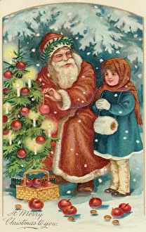Decorates: Father Christmas decorating a Xmas tree