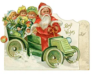 Victorian Christmas: Father Christmas delivering presents by car