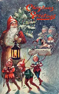 Gnome: Father Christmas and elves pulling sleigh