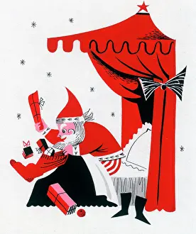 Unwrapping: Father Christmas opening Stocking in Bed