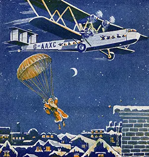 Parachuting: Father Christmas parachuting out of a plane