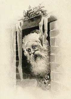 Peeking: Father Christmas peeking out through the chimney