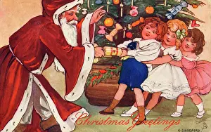 Chidlren: Father Christmas pulling a Xmas cracker with children