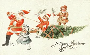 Tess Hines: Father Christmas pulls along tree and children