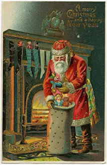 Mantlepiece: Father Christmas - selecting gift from his sack