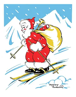 Rushton: Father Christmas Skiing with mountains