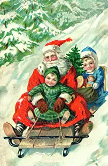 Sledging: Father Christmas in sledge with children