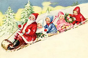 Toboggan: Father Christmas in a sledge with children