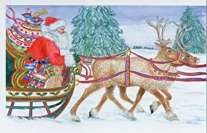 Bradbury: Father Christmas on Sleigh with Reindeer