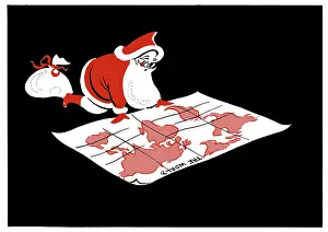 Two Colour: Father Christmas studying a map of the world