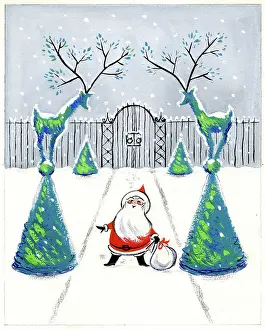 Topiary: Father Christmas with topiary reindeer